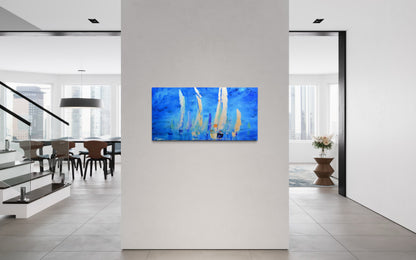 Reproduction on canvas, Sailboats blue background