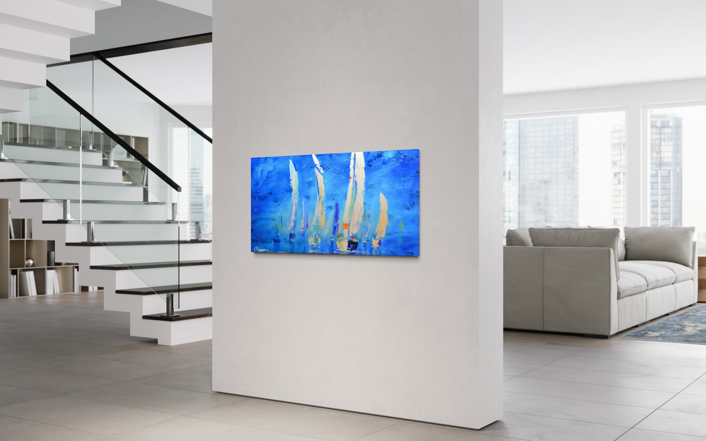 Reproduction on canvas, Sailboats blue background